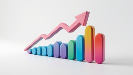 Colorful gradient bar chart with upward trending arrow depicting growth and success