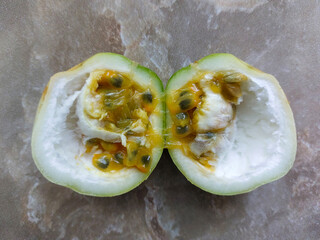 Cross section of a ripe passion fruit from Mauritius 