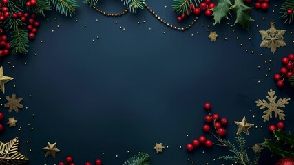 A decorative holiday arrangement against a dark blue backdrop. Ornaments, berries, and evergreens create a festive border, ideal for seasonal greetings and celebratory content. - Powered by Adobe