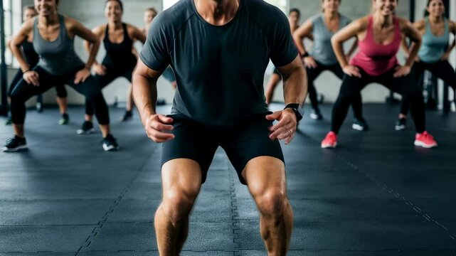 Energetic group fitness class performing dynamic squat exercise routine with focused instructors