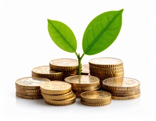 Tree leaf on save money coins isolated on white background 