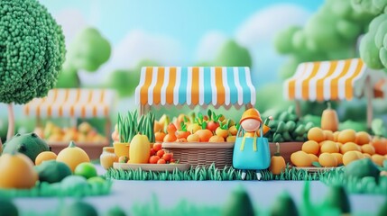 3D render of a cute cartoon character at a vibrant fruit and vegetable market stall.