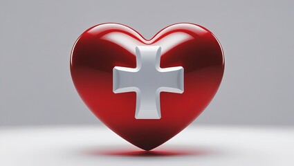 Glossy red heart with white cross symbol representing healthcare medical concepts