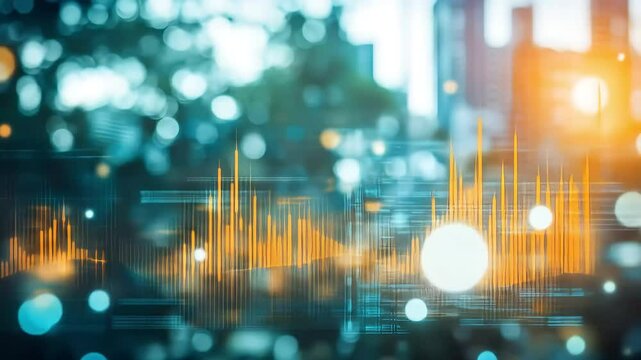 Abstract data visualization with a blurred city backdrop, showcasing dynamic orange graphs and teal bokeh effects, suggesting growth or fluctuation