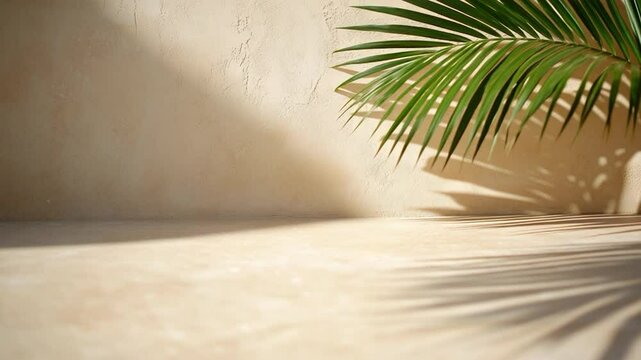 Neutral backdrop with palm shadow and sunlight texture for product display or natural background