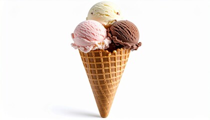 Waffle cone with three scoops of ice cream stacked vertically isolated on white back 