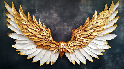 Elegant Symmetrical Golden Wings with White Feathers, Textarea