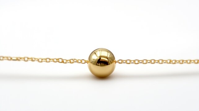 Single thin gold bracelet with smooth round bead lying flat on white surface