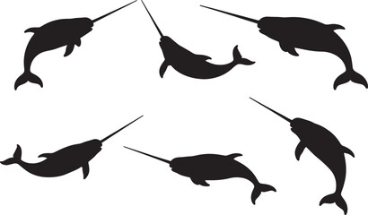 Narwhal Silhouette Collection on Black Backdrop: Arctic Marine Mammals, Tusked Whales, Graphic Elements for Wildlife and Ocean Themes © fay009