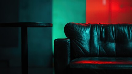 A black leather couch with red light on backrest.