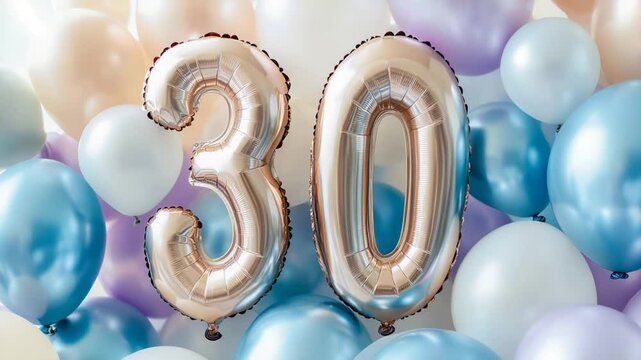 Celebratory 30th birthday with metallic balloon numbers and pastel balloons.