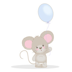 Charming vector illustration of a cute mouse holding a blue balloon on a simple white background. The mouse has big ears and a happy expression, creating a playful atmosphere.