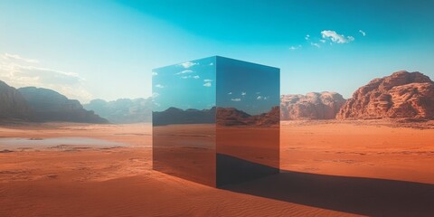 Reflective Monolith in the Desert, an Enigmatic Spectacle of Modern Art, Science,. and Mystery