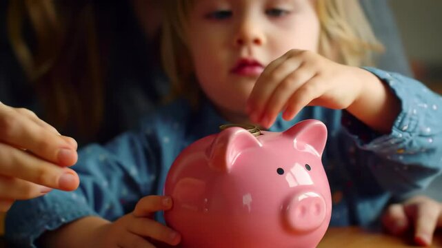 Teaching children savings: hand guiding coin into pink piggy bank in closeup sequence