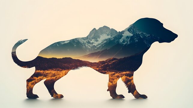 Majestic Dog Silhouette Double Exposure with Mountain Landscape and Autumn Forest
