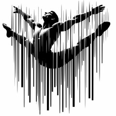 Black and white silhouette of male gymnast performing aerial split jump
