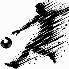 Black and white silhouette of football player kicking ball with dynamic motion