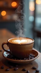 Steaming hot cup of coffee with latte art in cozy café ambiance, close-up view with soft bokeh lights, AI-generated image
