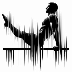 Black and white silhouette of male gymnast performing on parallel bars