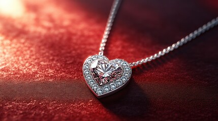 Heart-shaped diamond pendant on a chain, close-up, warm light