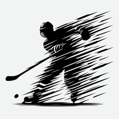 Black and white silhouette of hockey player skating with puck in motion