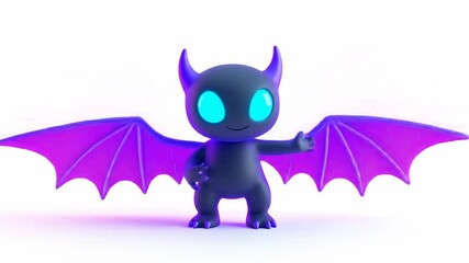 A cartoonish, dark purple creature with vibrant purple bat-like wings and glowing blue eyes - Powered by Adobe