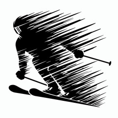 Black and white silhouette of ski jumper in mid-air dynamic flight