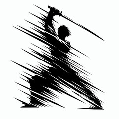 Black and white silhouette of warrior jumping with sword in attack motion