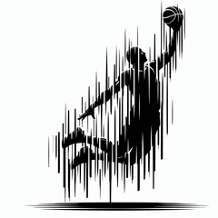 Black and white silhouette of basketball player jumping to shoot the ball