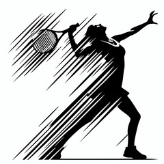 Black and white silhouette of female tennis player serving ball with motion effect