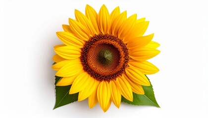 Fototapeta premium Yellow sunflower with green leaves isolated on white background