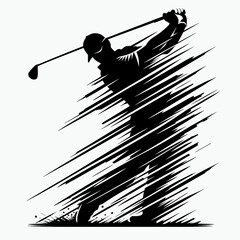 Black and white silhouette of golf player swinging club with motion effect
