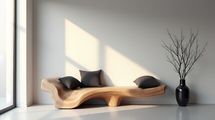 Minimalist bedroom interior with decorative dry branches in vase, pillows on bed, and natural soft lighting on the wall, AI-generated image