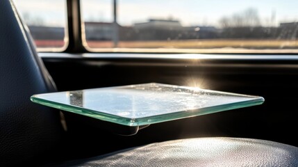 A glass tray on a car seat.