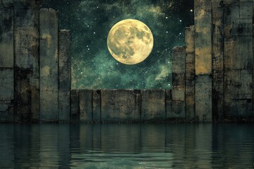 A large full moon shines over a tranquil body of water reflecting a decaying stone wall under a starry night sky.