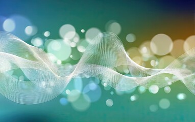 Abstract Blue-Green Gradient Background with White Wavy Lines, Soft Light Halos and Geometric Blur Effects for Depth Visualization