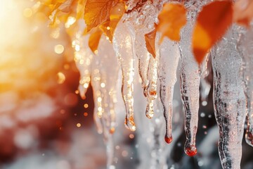 Sunlit icicles hanging from a branch, illuminated with warm light, autumn leaves in the background.