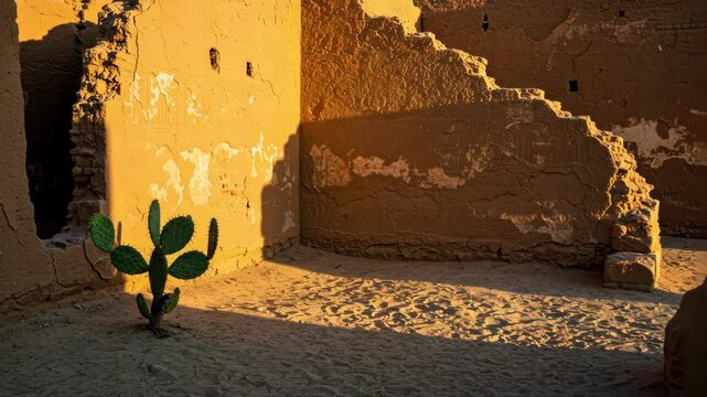 Sunlit adobe structure with cactus growing near crumbling walls.