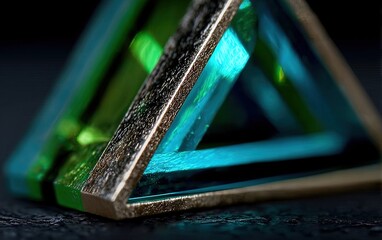 Triangular device edge close-up: Emerald and teal lighting shining through sharp contours. Intricate reflections on dark background, tech product detail, vibrant geometric glow.
