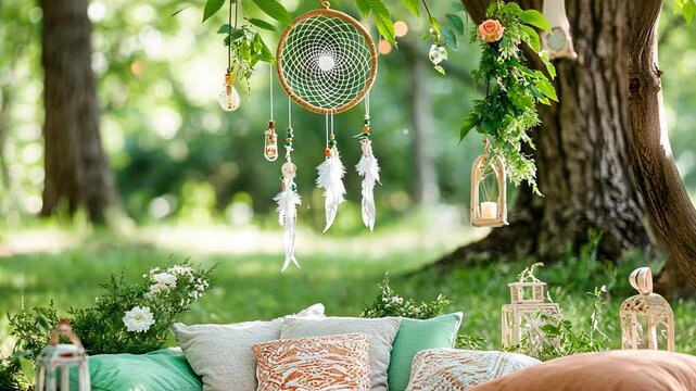 Bohemian outdoor picnic scene with dreamcatchers and cushions under a tree.