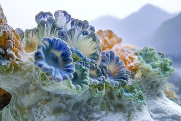Vibrant coral reef in various shades of blue, green, and orange, showcasing intricate details and textures against a blurred mountain background.