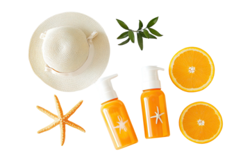 Flat lay of sun care products, a straw hat, starfish, orange slices, and green leaves, suggesting a summer vacation theme