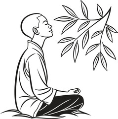 Cartoon vector illustration of a man reading a book while sitting on a tree, with a black silhouette of a woman and various nature elements like plants, flowers, and leaves