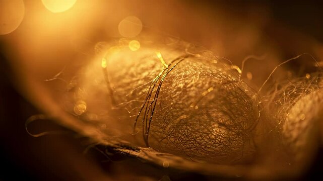 Close-up of golden raw silk cocoon, threads detail, and soft light.