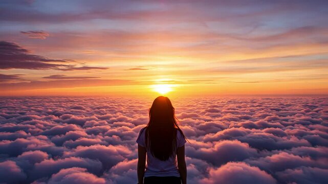 A woman gazing at the sun setting over a sea of clouds. - Powered by Adobe