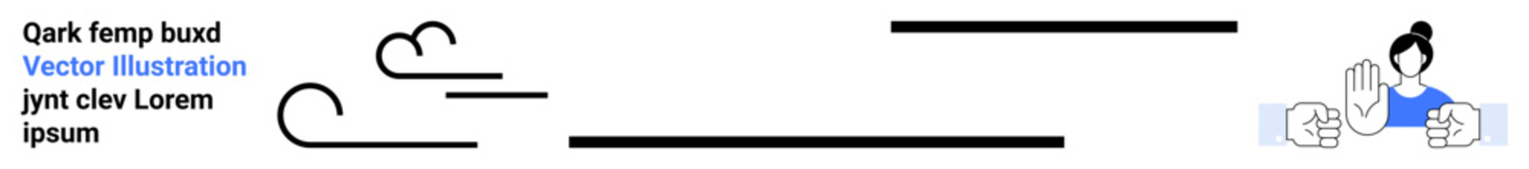 Woman making a hand gesture amidst minimalist lines and cloud-thumbs up shapes. Ideal for teamwork, connection, discussion, negotiation, support, graphic design, simple landing page