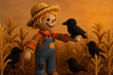 crochet scarecrow doll standing in a miniature cornfield made from golden yarn stalks, surrounded by crochet crows