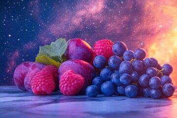 Plums, raspberries, and grapes arranged against a cosmic backdrop.