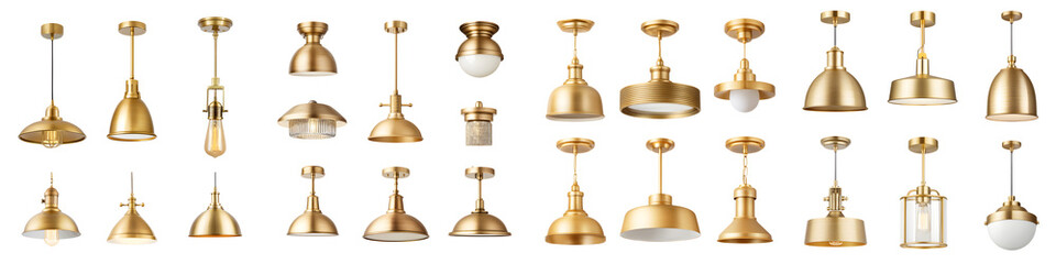 Obraz premium Elegant, modern pendant lamps in gold finish showcasing a variety of styles, perfect for contemporary home decor, brightening spaces with sophisticated light fixtures.