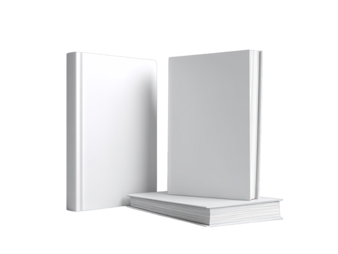 Three blank white books, two standing upright, one stacked